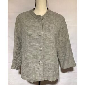 EILEEN FISHER sz L taupe khaki gauze texture cotton snap cardigan jacket